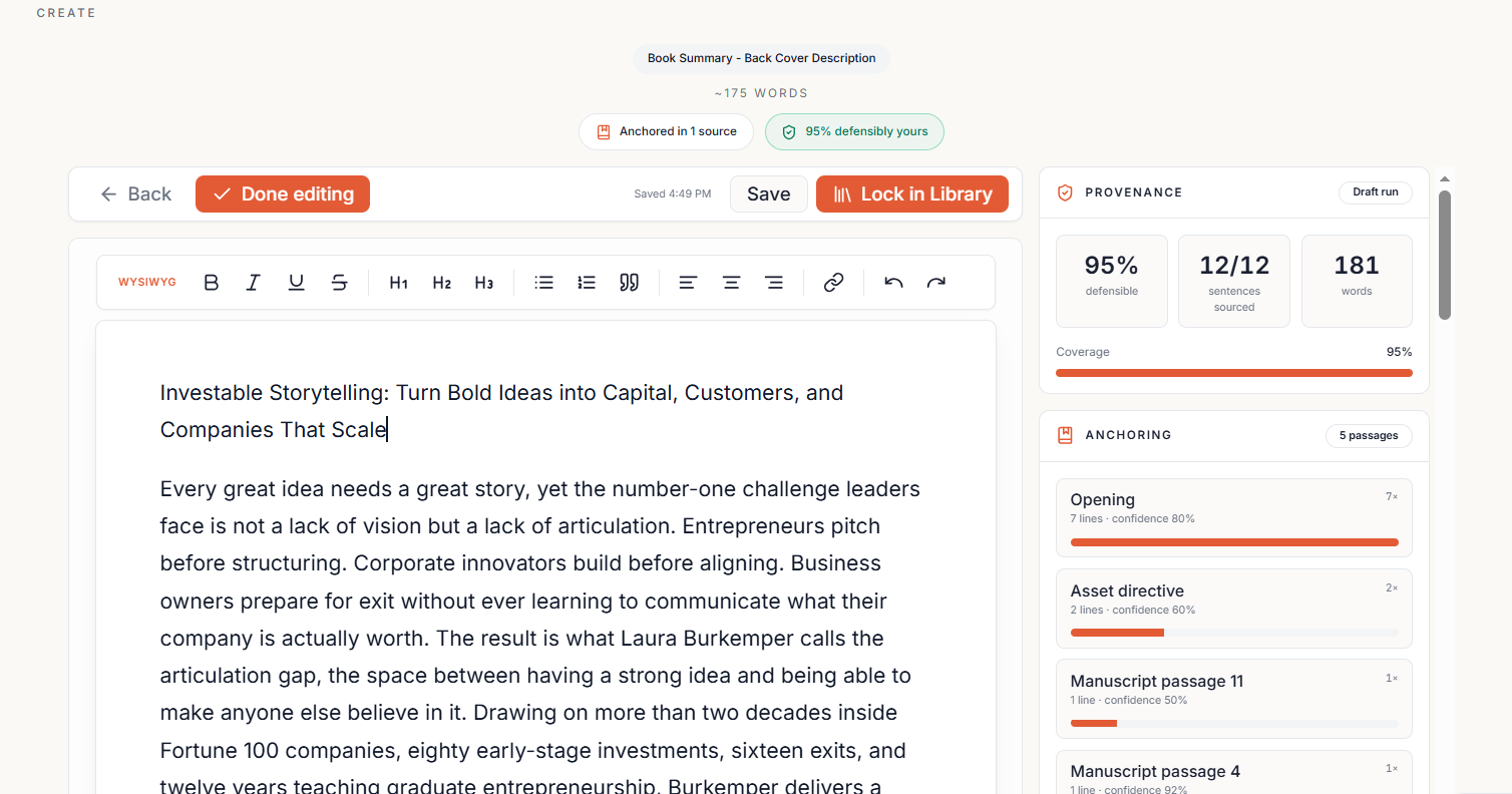 Chapters Vault editor showing sourcing and provenance for a generated draft