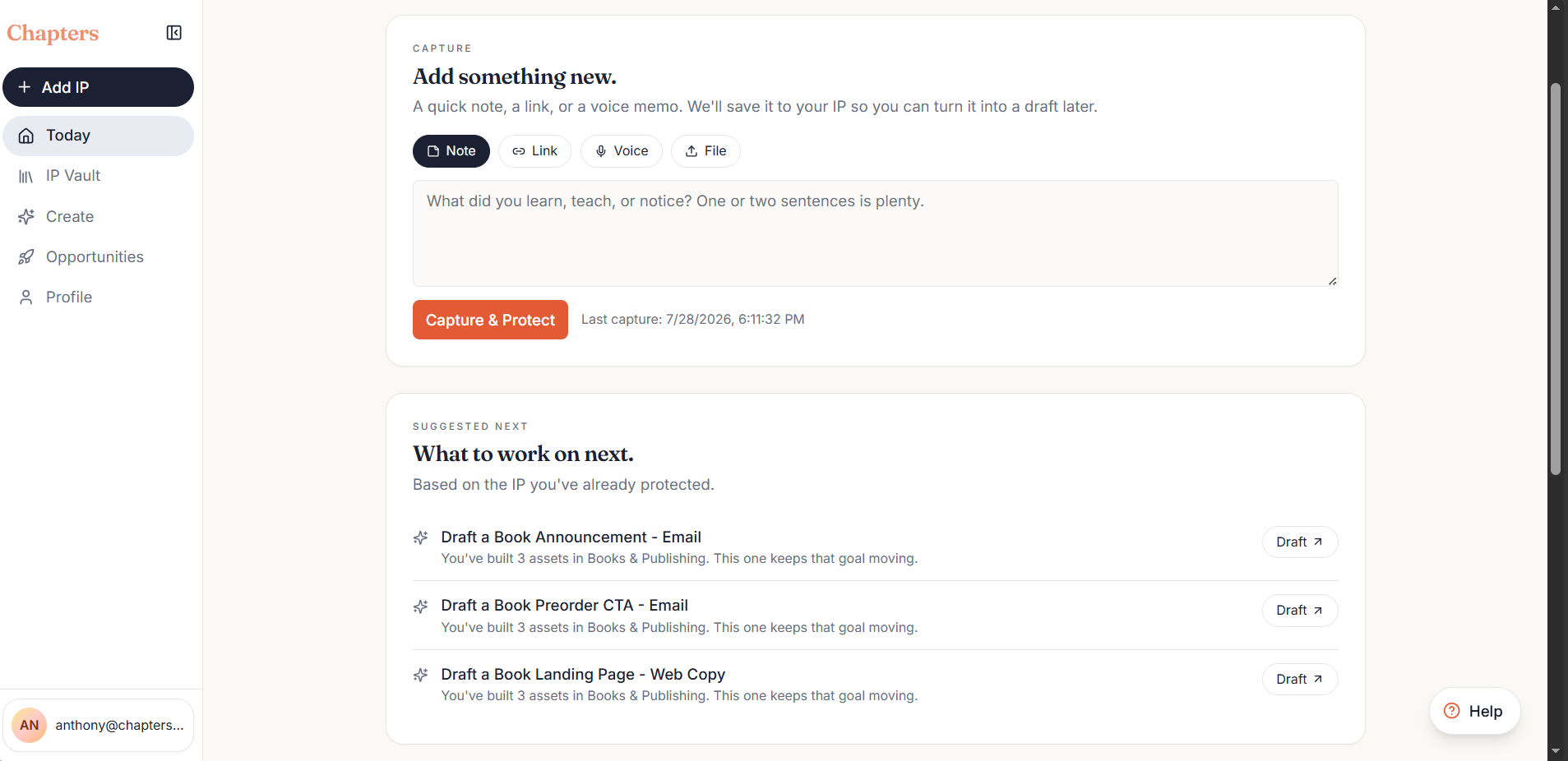 Chapters Vault capture screen for saving notes, links, files, and voice memos