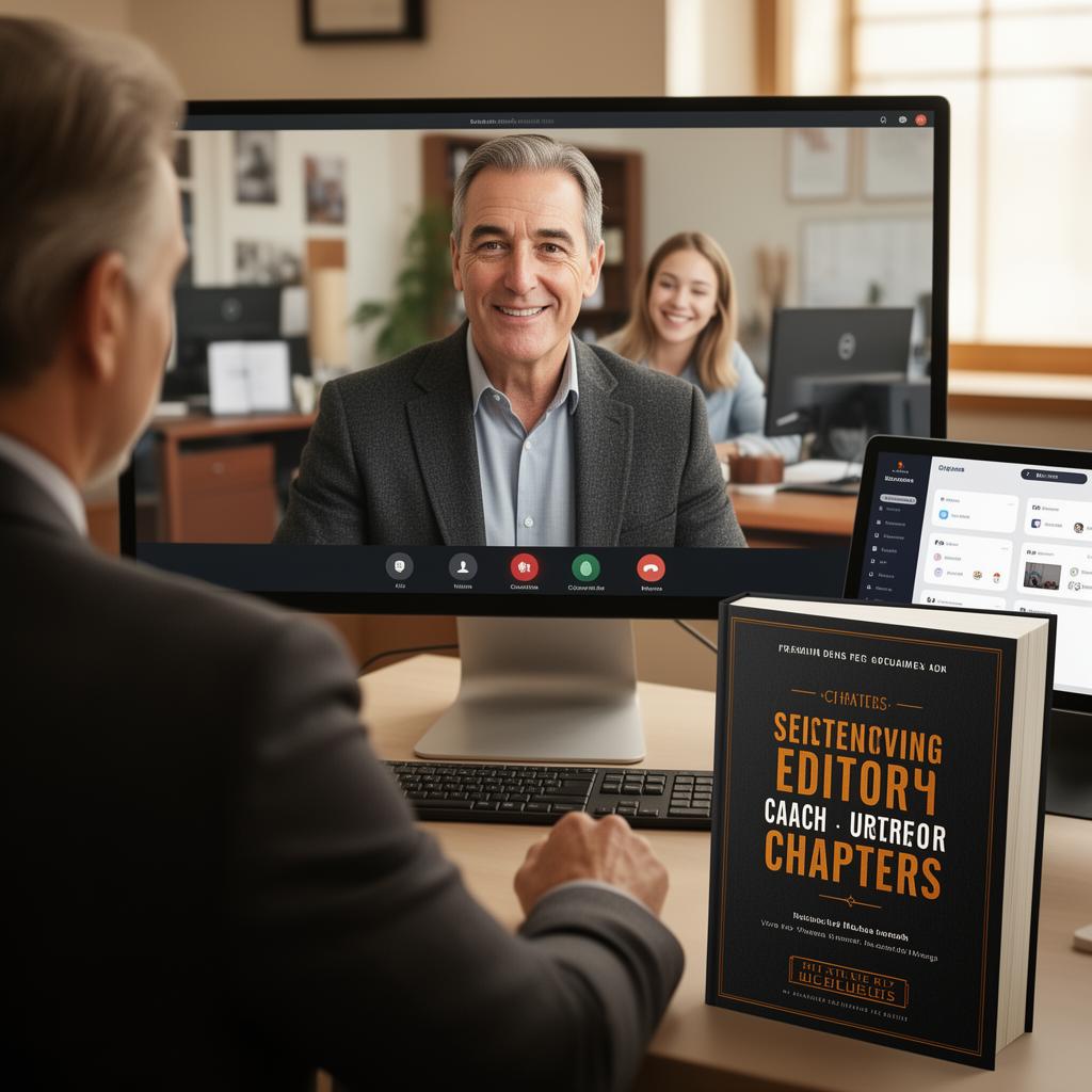 An executive coach collaborating with a Chapters editor on a video call, with their published book and the Chapters app visible