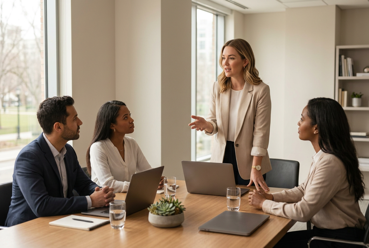 Executive coach speaking on stage at a leadership conference