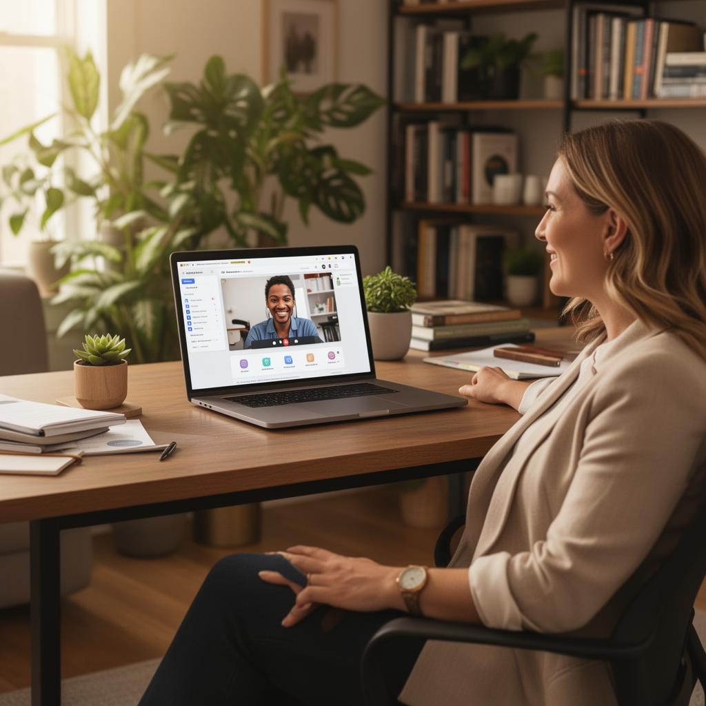 Executive coach on a video call with a Chapters editor in a casual home office