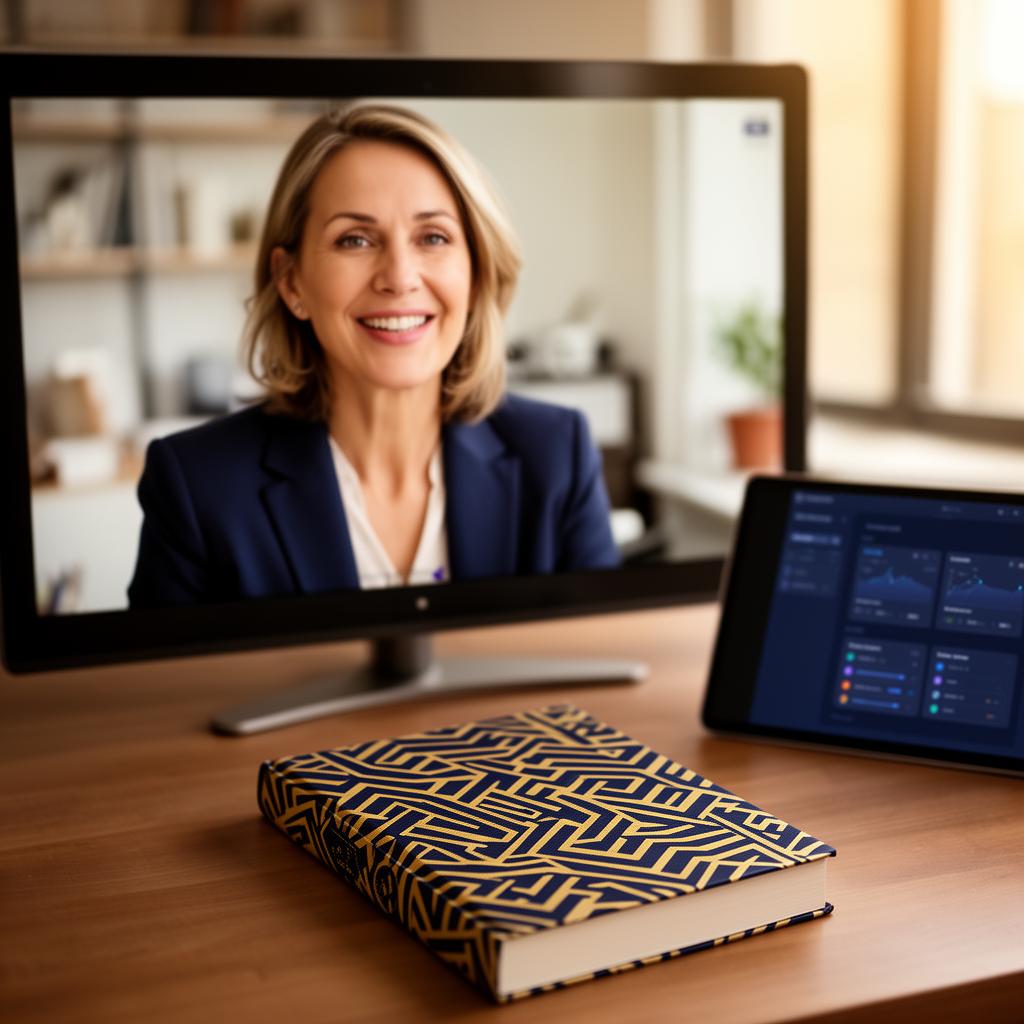 A financial advisor collaborating with a Chapters editor on a video call, with their published book and the Chapters app visible