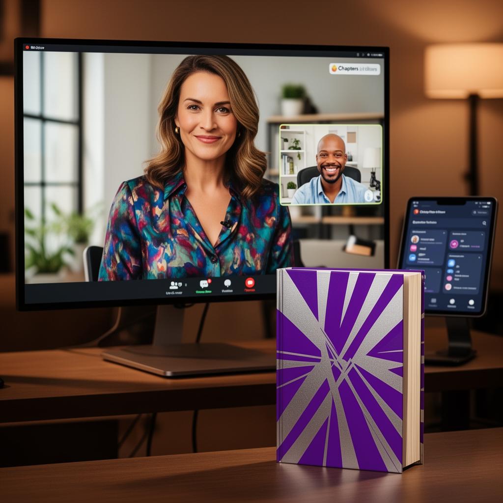 A professional speaker collaborating with a Chapters editor on a video call, with their published book and the Chapters app visible