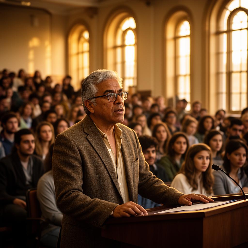 Educator lecturing in a university auditorium
