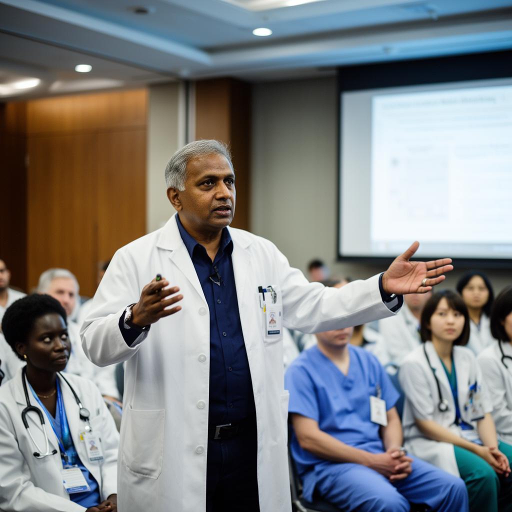 Physician presenting at a medical conference to a diverse audience of clinicians